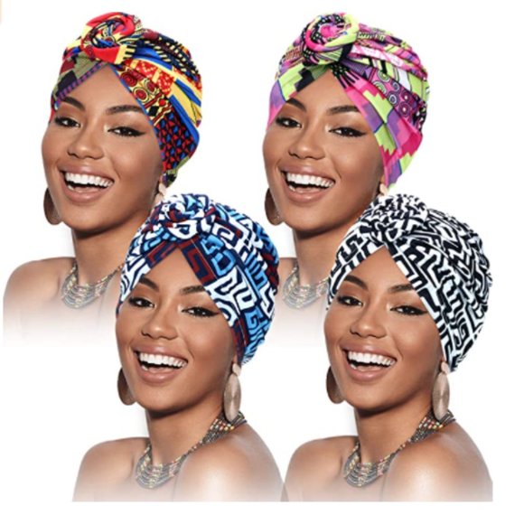 4 Pieces African Pattern Headwrap Pre-Tied Bonnet Turban Knot Beanie Ca - Picture 1 of 3